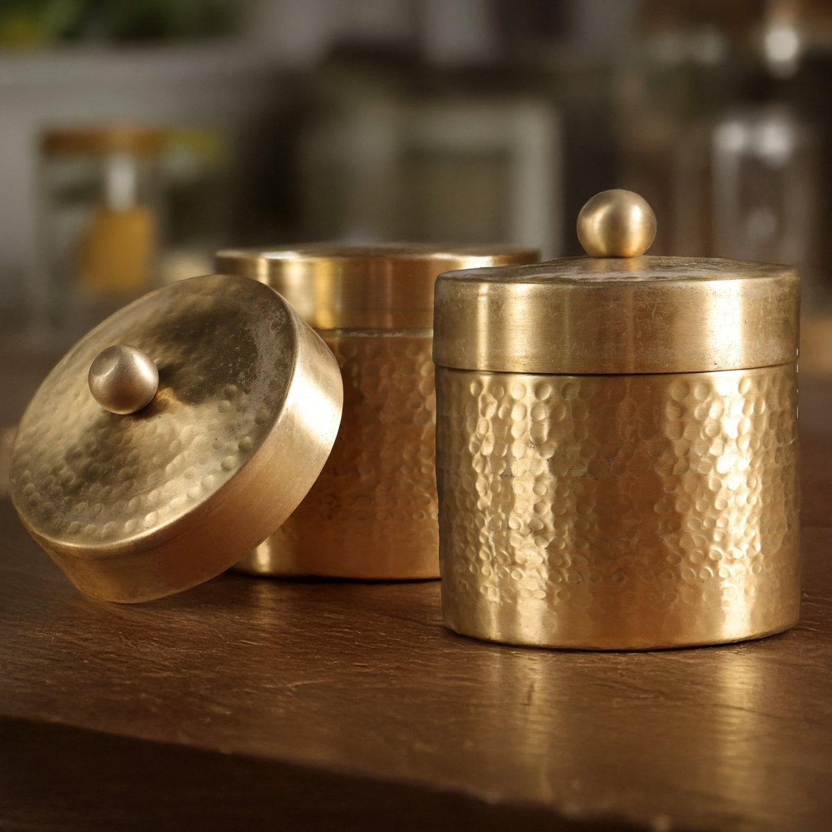 Handcrafted pure brass storage jar with traditional etching, ideal for kitchen storage, adding timeless Indian elegance.