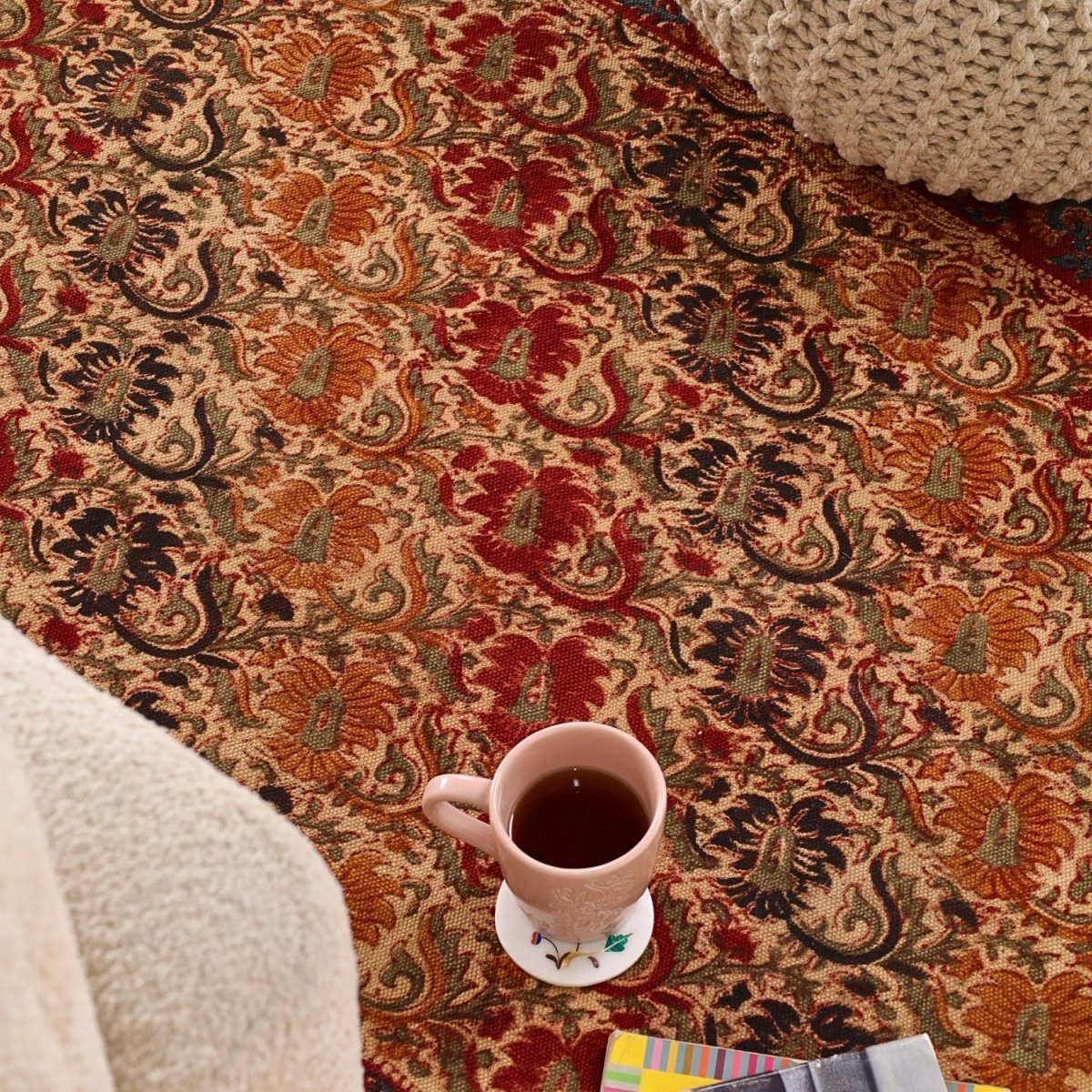 Handprinted Cotton Floor Rug for Living Room and Bedroom in Earthy Kalamkari| Soft Washable Rug