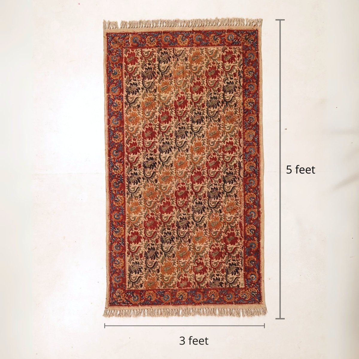 Handprinted Cotton Floor Rug for Living Room and Bedroom in Earthy Kalamkari| Soft Washable Rug