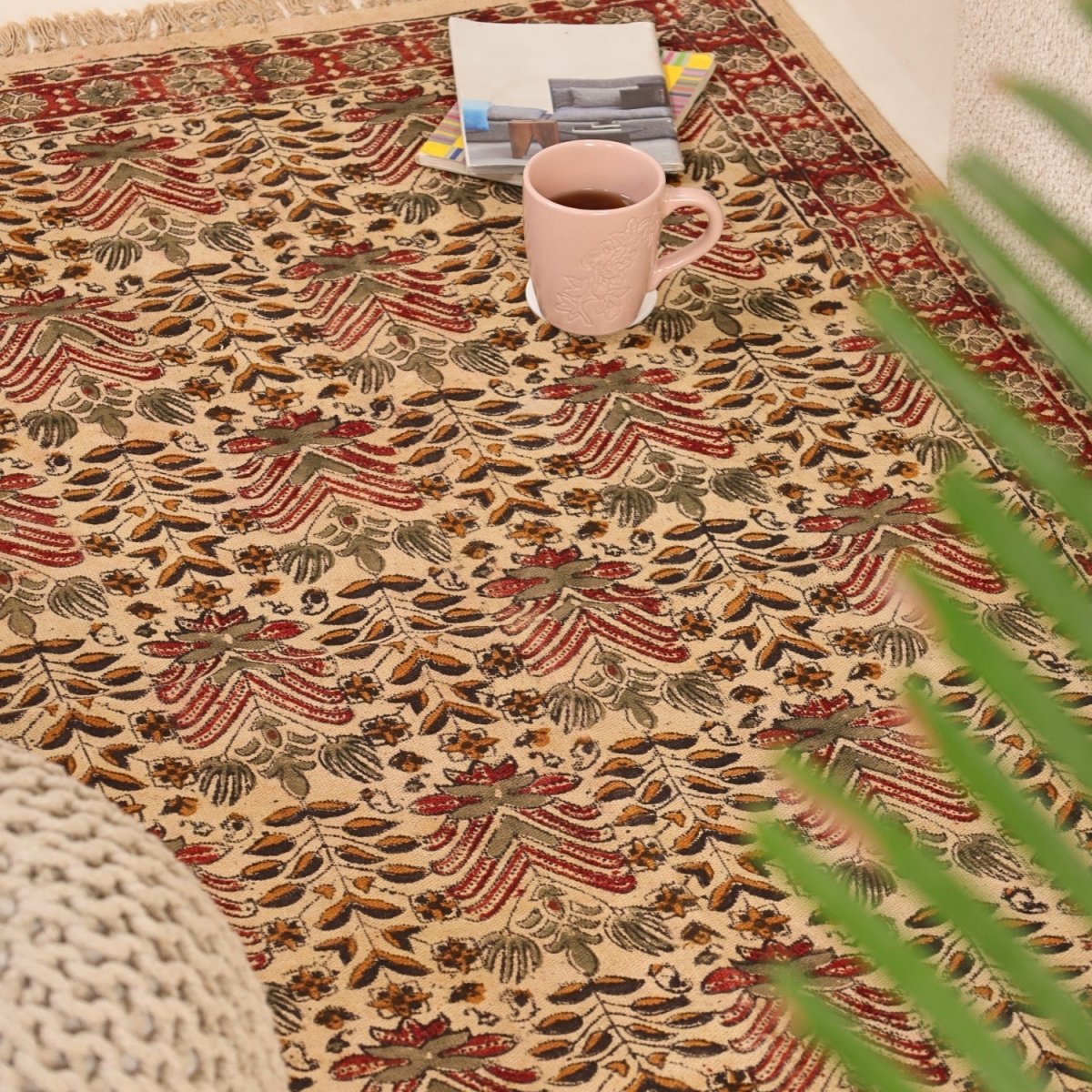 Handcrafted Kalamkari Print Cotton Rug with a Floral Pattern