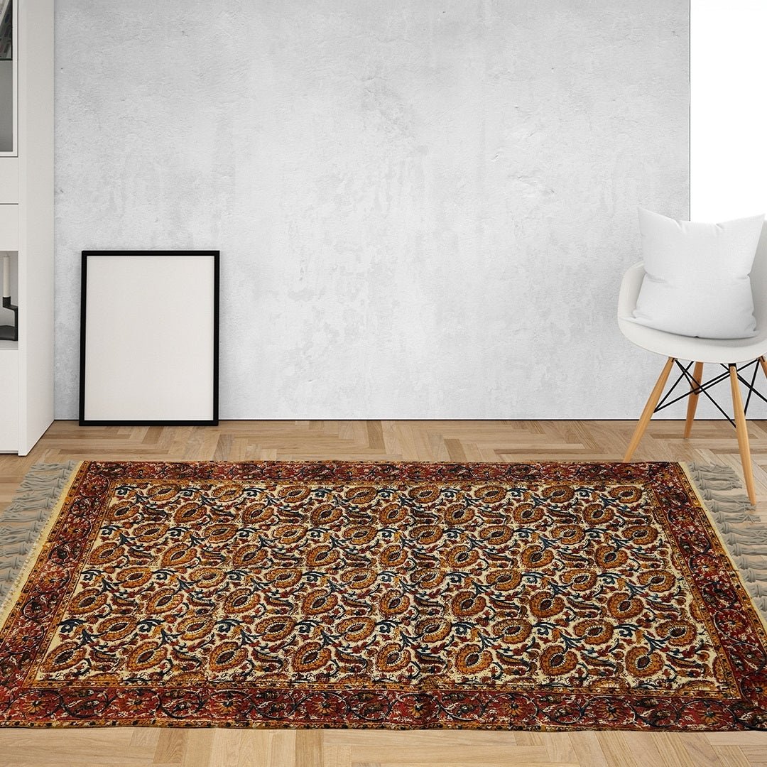 Handmade Cotton Rugs With A Floral Kalamkari Print In Ochre And Indigo | Handmade In India - 5 ft X 3 ft / Pure Cotton / Ochre and Indigo