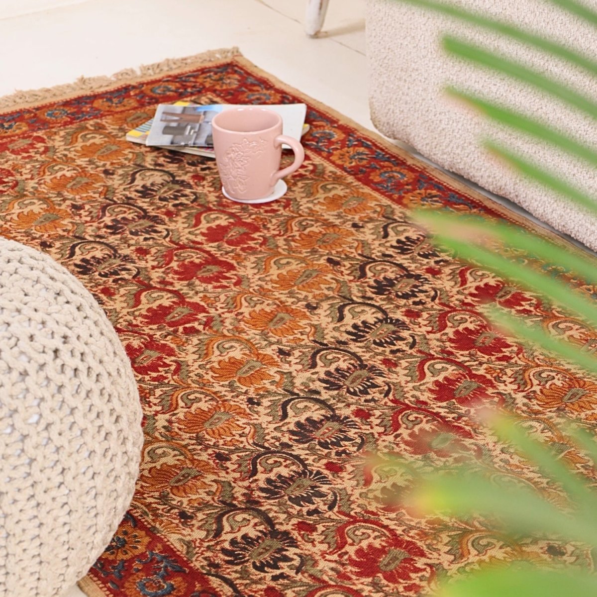 Handmade Cotton Rugs With Floral Kalamkari Print In Earth Tones Handmade In India