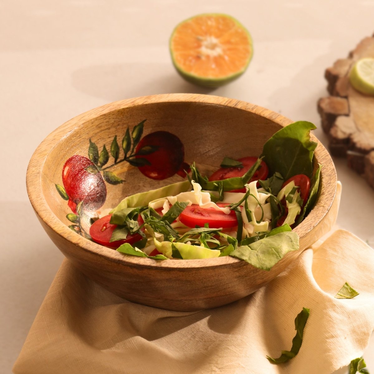 Salad Bowl which is Hand painted on Mango Wood in an Anar Design Height 3 inches and Diameter 8 inches