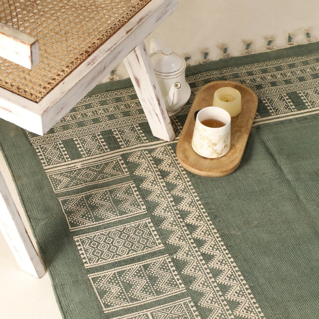 Handprinted Cotton Floor Rug for Living Room and Bedroom in Green Colour| Soft Washable Rug