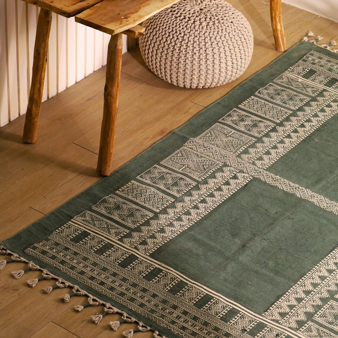 Handprinted Cotton Floor Rug for Living Room and Bedroom in Green Colour| Soft Washable Rug