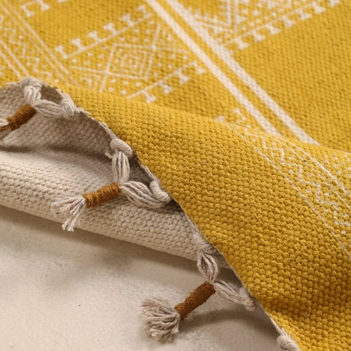 Handprinted Cotton Floor Rug for Living Room and Bedroom in Yellow Colour| Soft Washable Rug