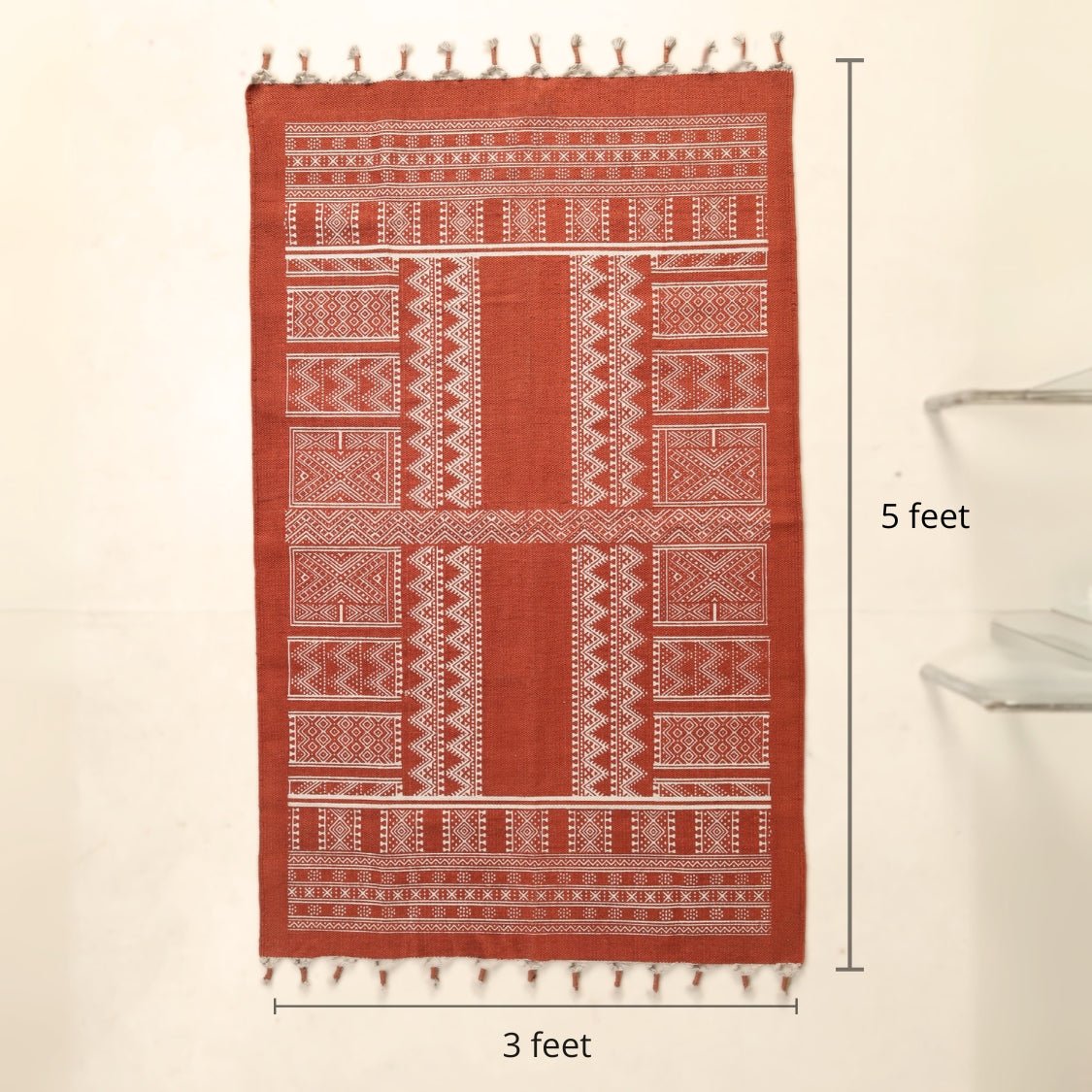 Handprinted Cotton Floor Rug for Living Room and Bedroom in Rust Mandana| Soft Washable Rug