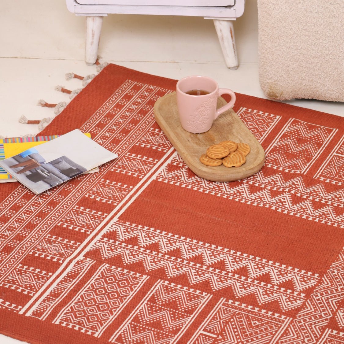 Handprinted Cotton Floor Rug for Living Room and Bedroom in Rust Mandana| Soft Washable Rug