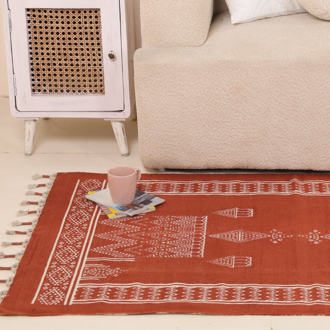 Handprinted Cotton Floor Rug for Living Room and Bedroom in Rust Diamond| Soft Washable Rug