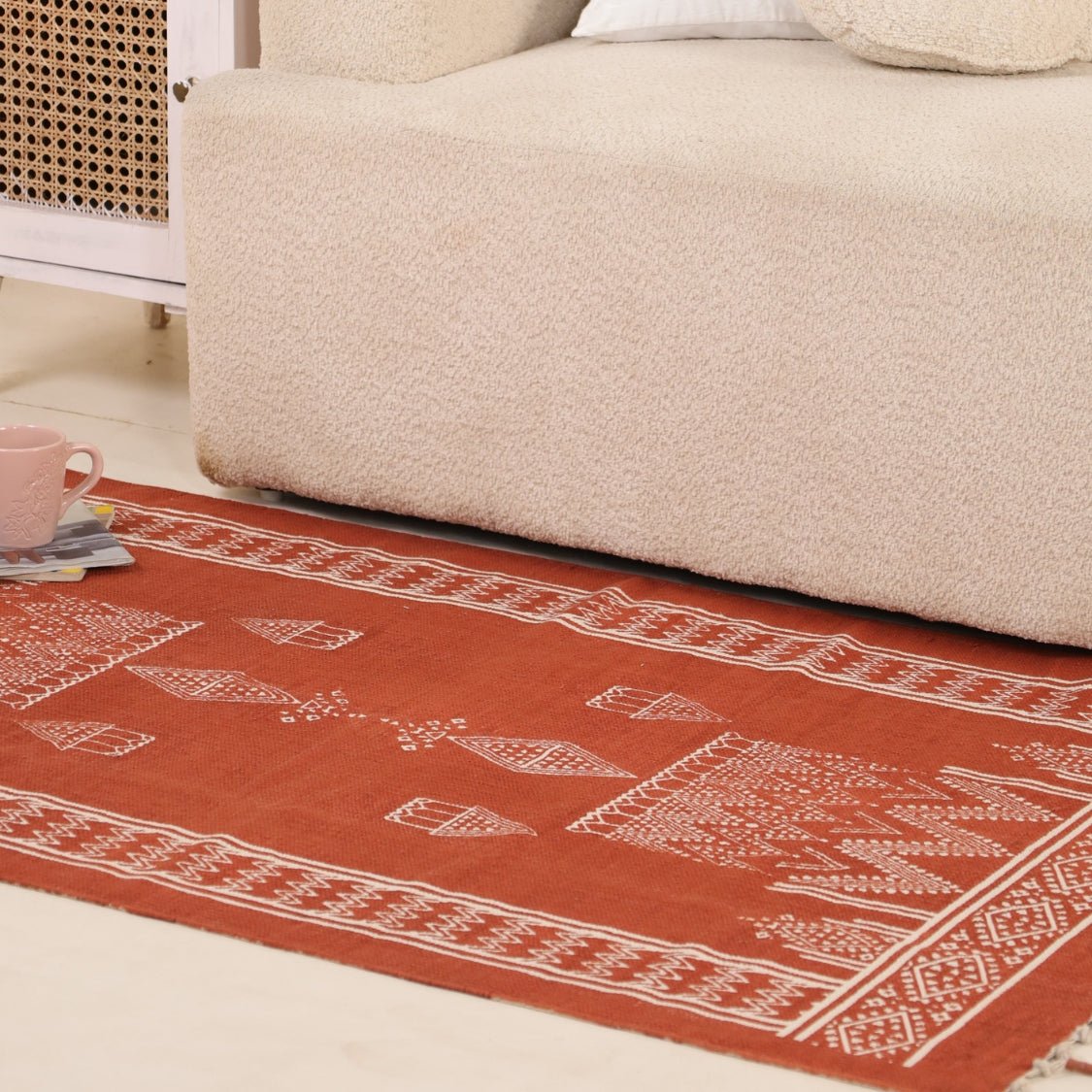 Handprinted Cotton Floor Rug for Living Room and Bedroom in Rust Diamond| Soft Washable Rug