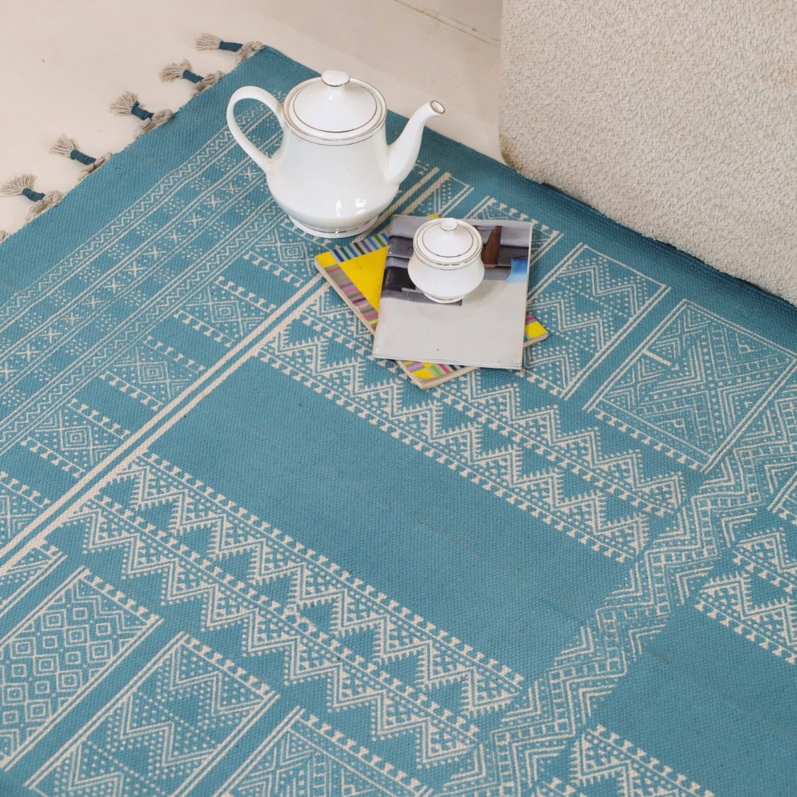 Handprinted Cotton Floor Rug for Living Room and Bedroom in Teal| Soft Washable Rug