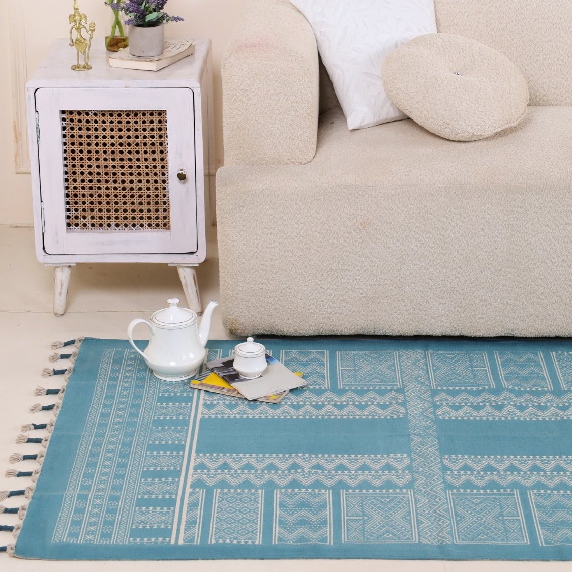 Handprinted Cotton Floor Rug for Living Room and Bedroom in Teal| Soft Washable Rug