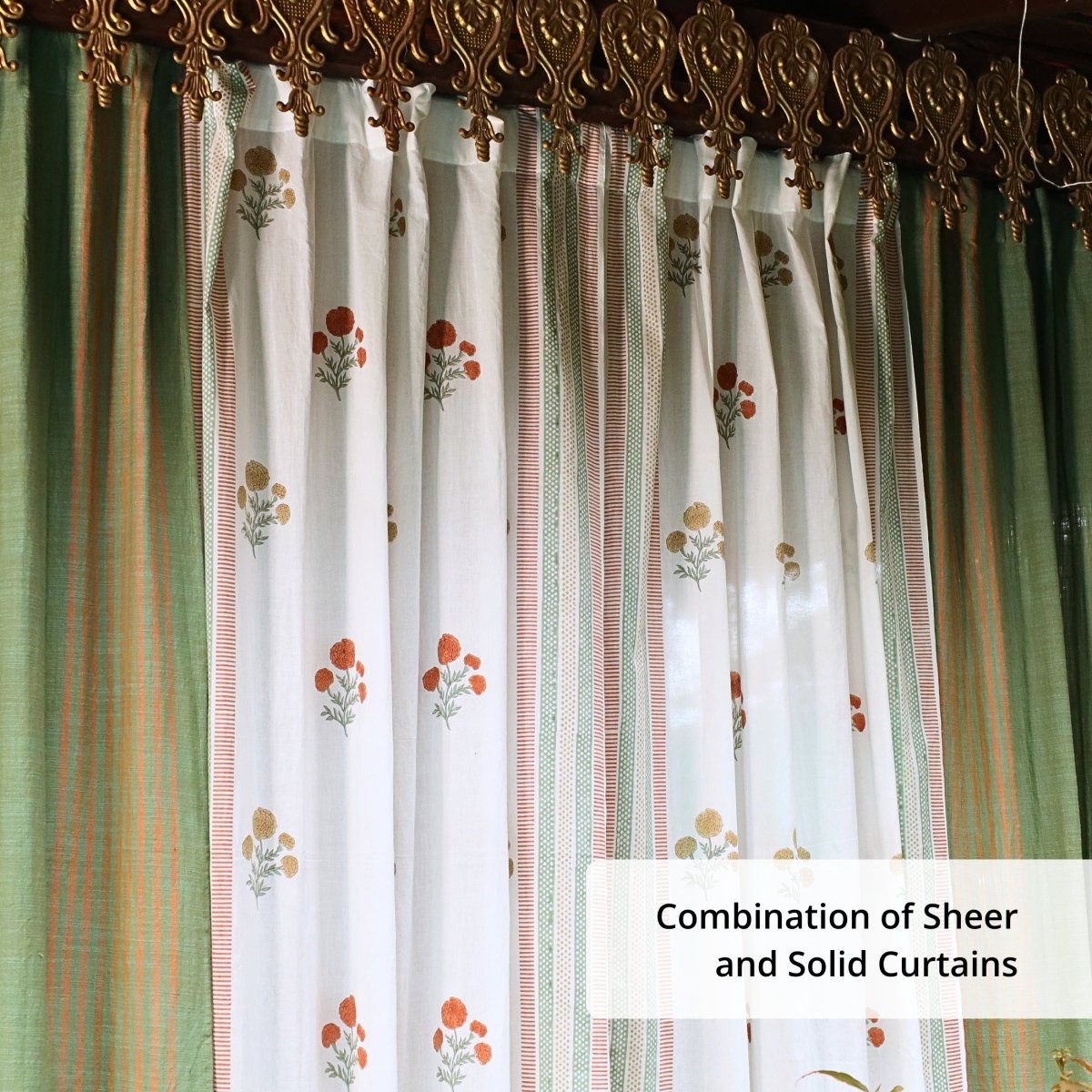 Pure Cotton Sheer and solid Curtains set in Sage, Rust, Mustard and Teal Colours, available in 7ft