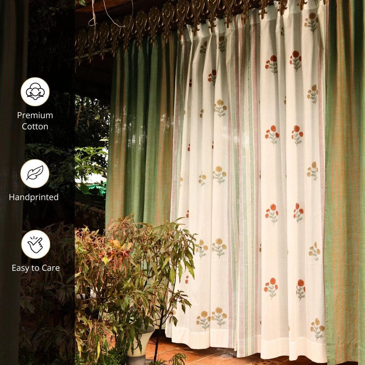 Pure Cotton Sheer and solid Curtains set in Sage, Rust, Mustard and Teal Colours, available in 7ft