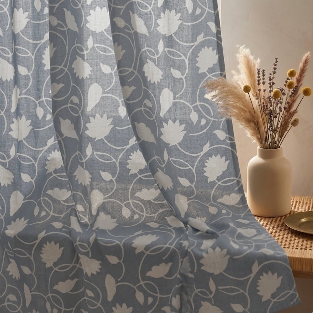 Handwoven Cotton Semi Sheer Curtain in Light Blue and Off White