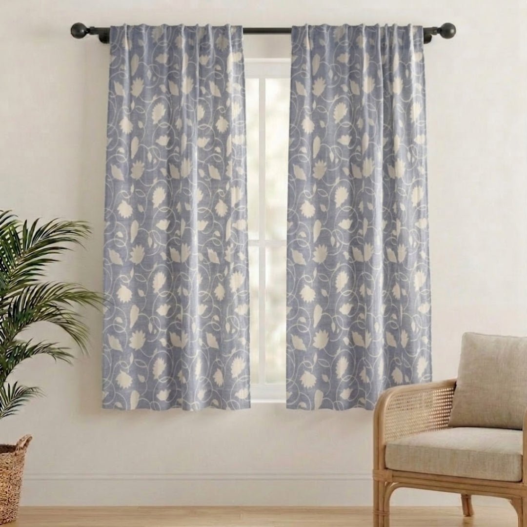 Handwoven Cotton Semi Sheer Curtain in Light Blue and Off White