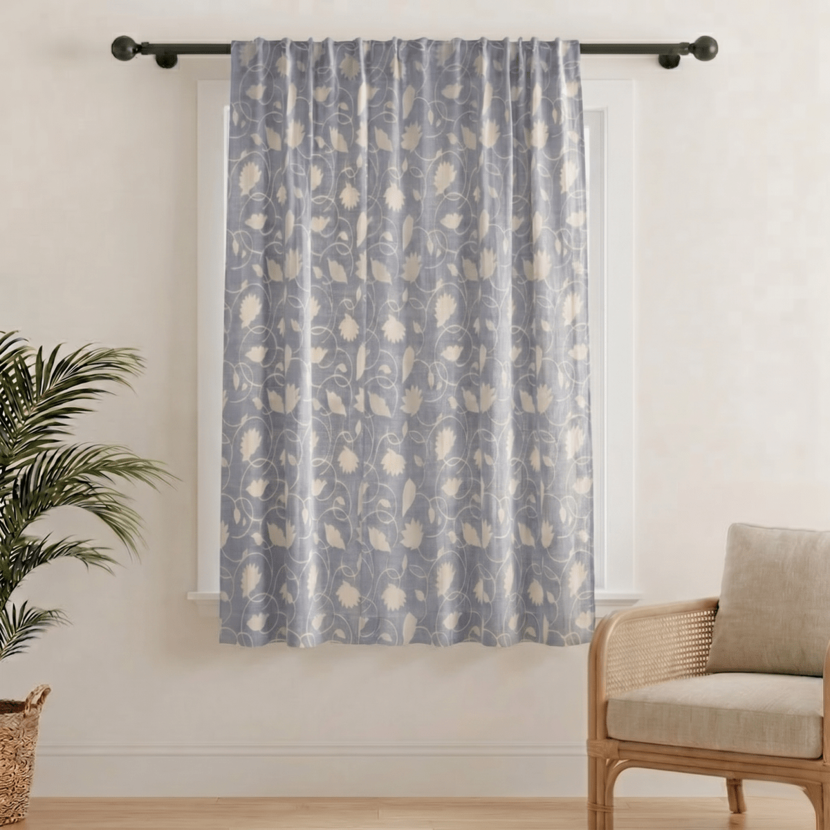 Handwoven Cotton Semi Sheer Curtain in Light Blue and Off White