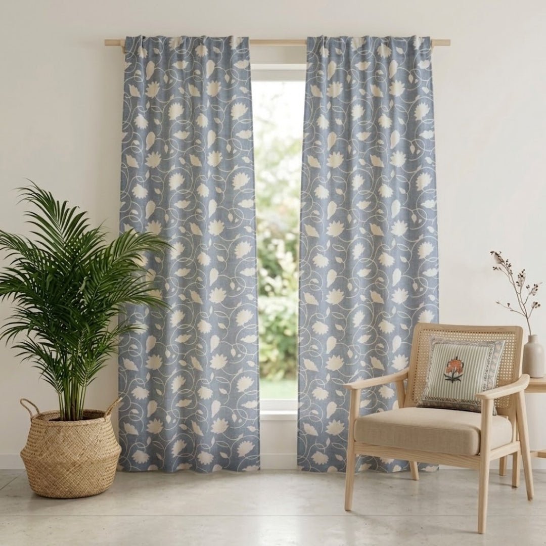 Handwoven Cotton Semi Sheer Curtain in Light Blue and Off White