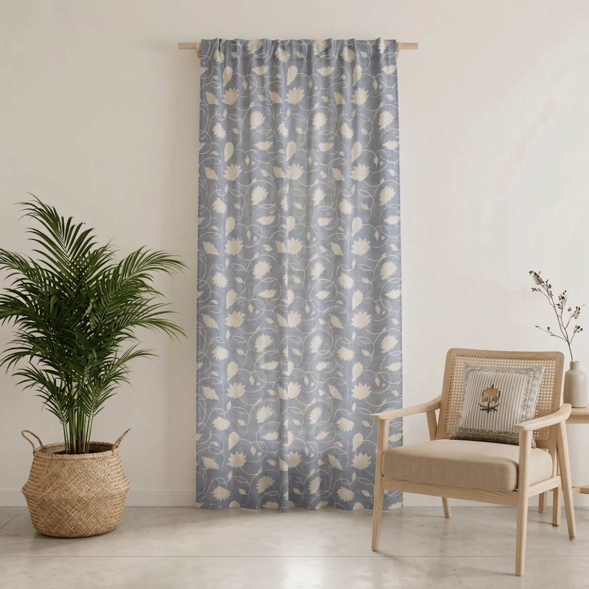 Handwoven Cotton Semi Sheer Curtain in Light Blue and Off White