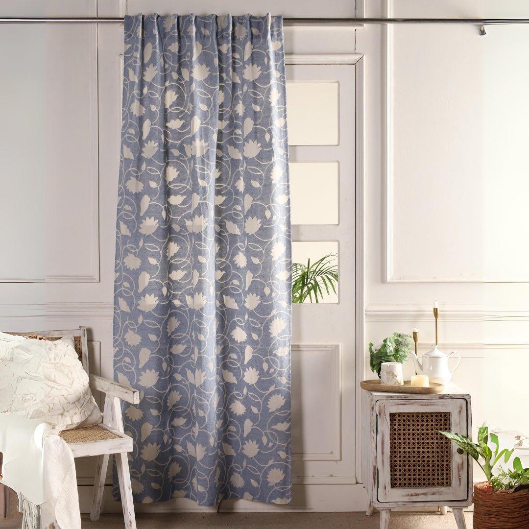 Handwoven Cotton Semi Sheer Curtain in Light Blue and Off White