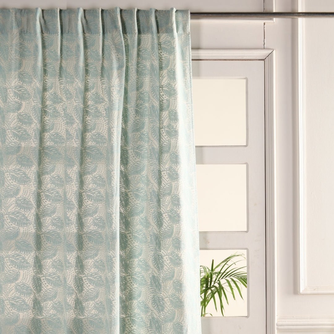 Handwoven Cotton Semi Sheer Curtain | 7 Feet | Cutwork Summer Leaves Pattern | 7 Feet | Off White and Sky Blue