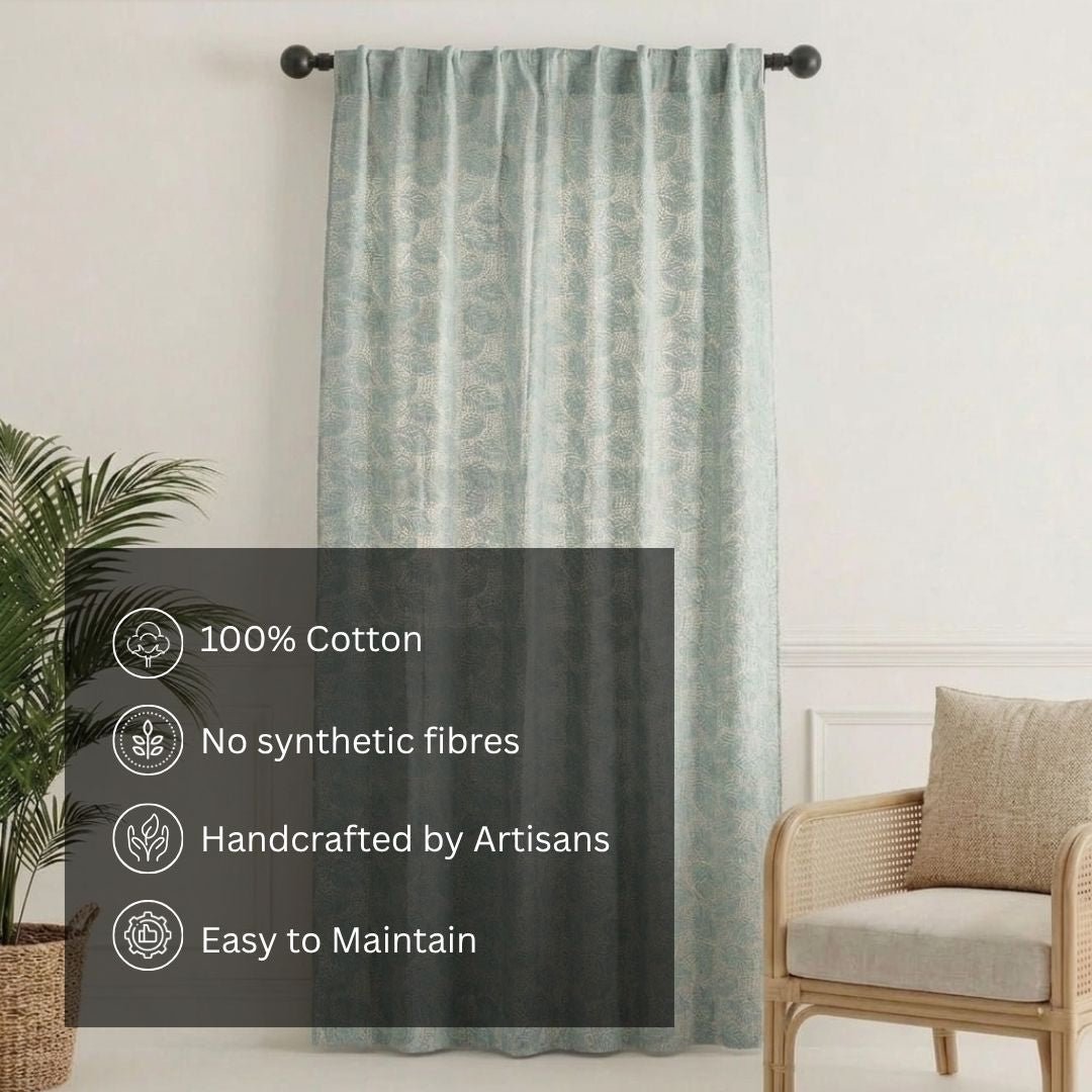 Handwoven Cotton Semi Sheer Curtain | 7 Feet | Cutwork Summer Leaves Pattern | 7 Feet | Off White and Sky Blue