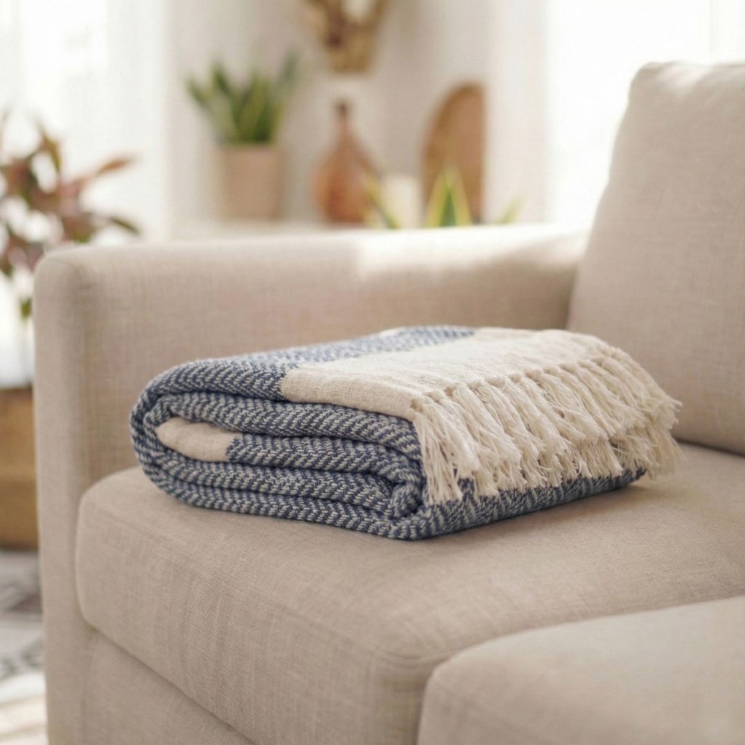 Handcrafted Cotton Throw for Sofa & Bed in Blue and Off White | Soft & Lightweight Home Decor