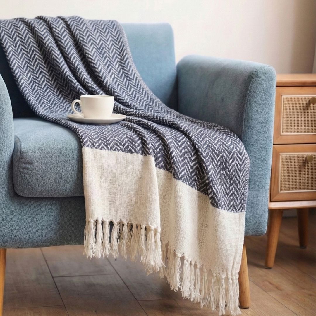 Handcrafted Cotton Throw for Sofa & Bed in Blue and Off White | Soft & Lightweight Home Decor