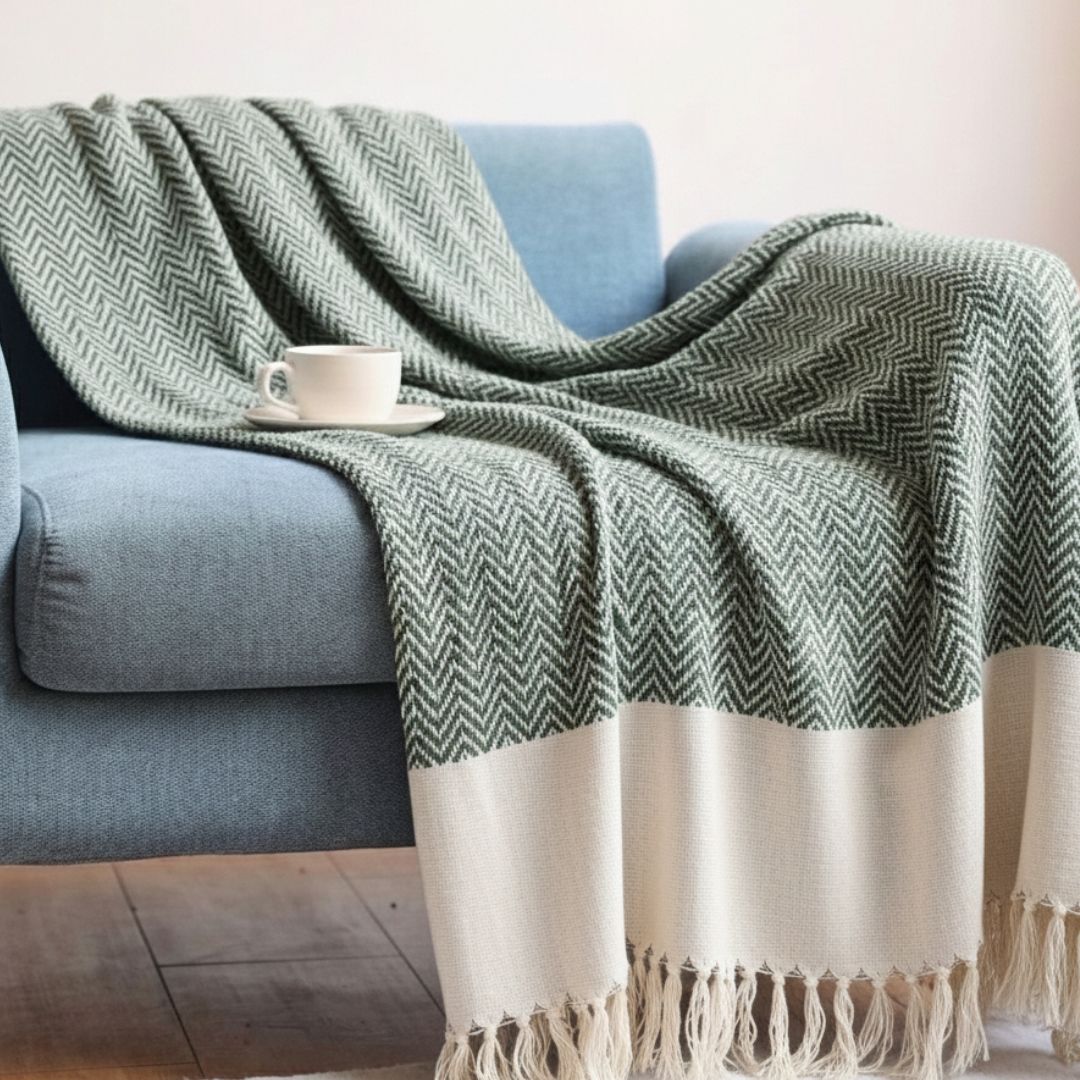 Handcrafted Cotton Throw for Sofa & Bed in Green and Off White | Soft & Lightweight Home Decor