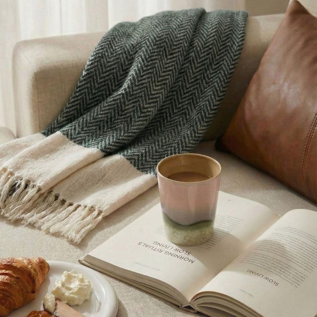 Handcrafted Cotton Throw for Sofa & Bed in Green and Off White | Soft & Lightweight Home Decor