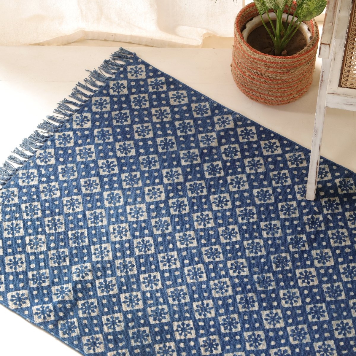 Indigo Cotton Block Printed Rug In 3 x 5 ft Geometric Print Handcrafted In India