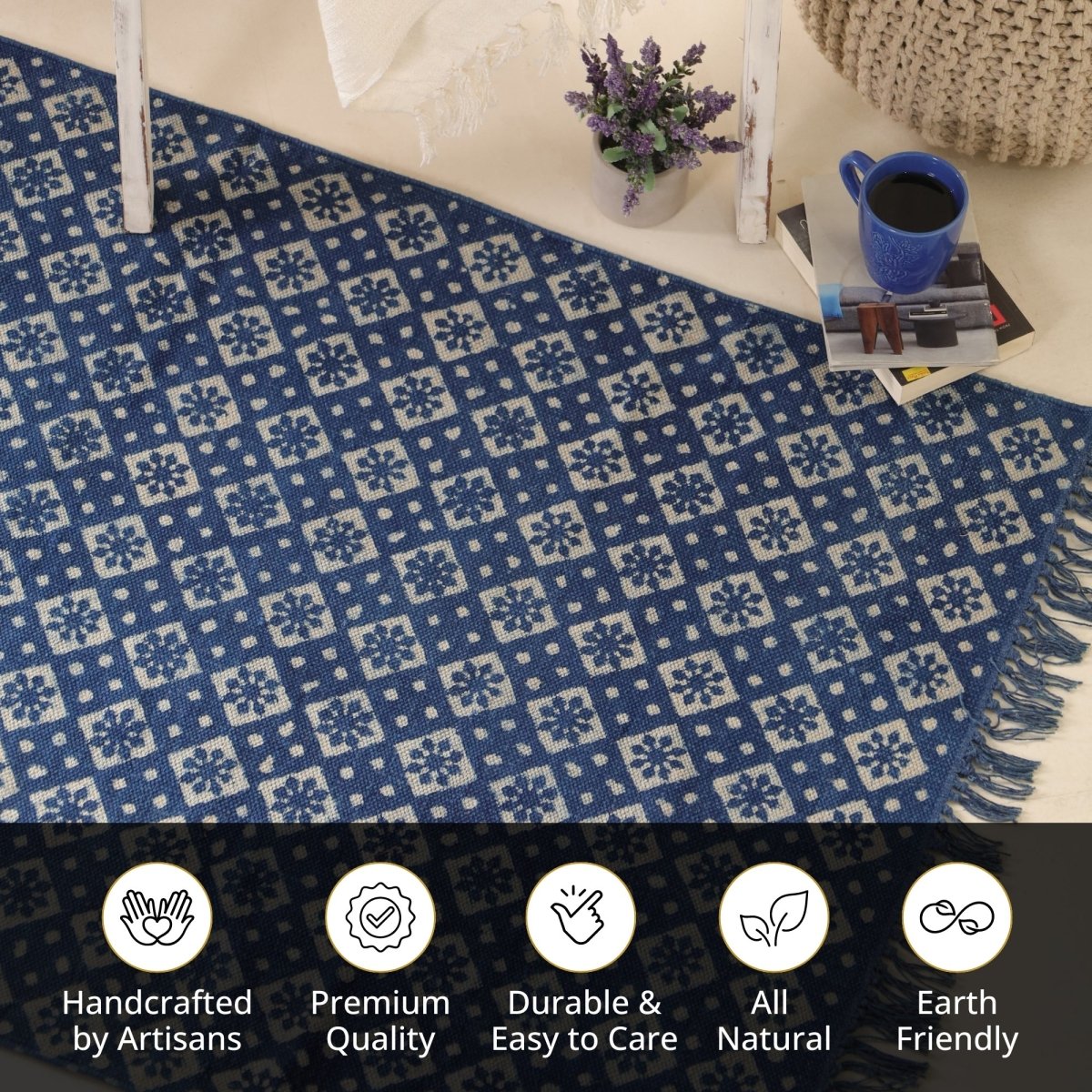 Indigo Cotton Block Printed Rug In 3 x 5 ft Geometric Print Handcrafted In India