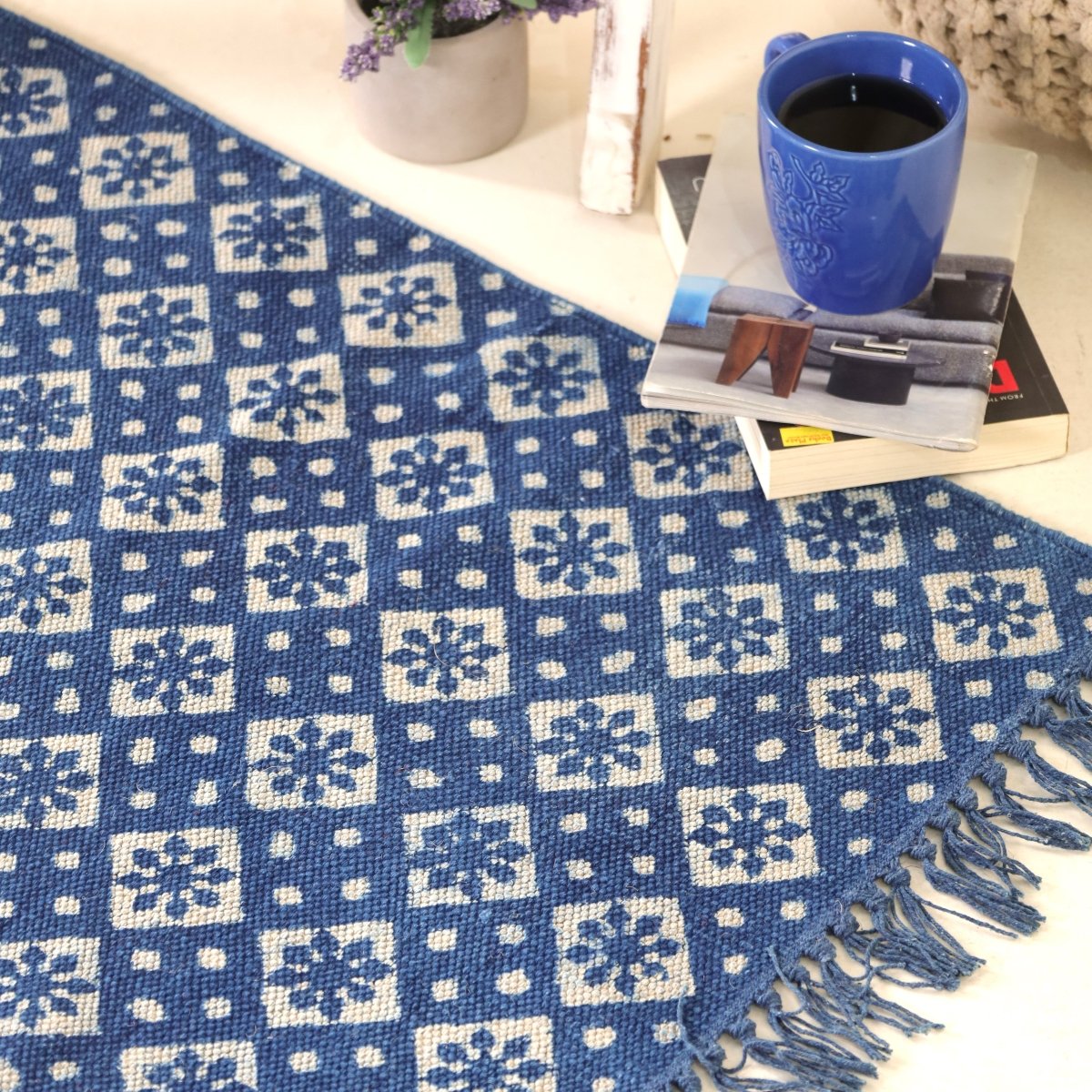 Indigo Cotton Block Printed Rug In 3 x 5 ft Geometric Print Handcrafted In India