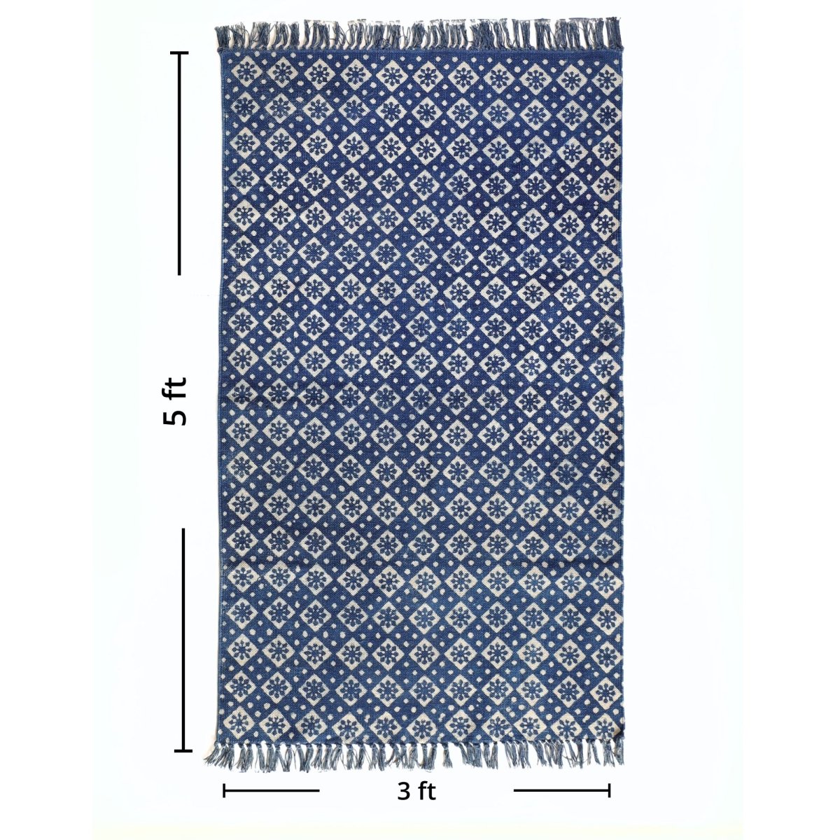 Indigo Cotton Block Printed Rug In 3 x 5 ft Geometric Print Handcrafted In India