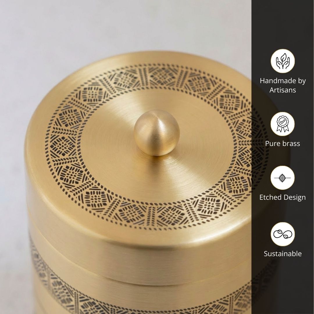 Kanjeevaram design theme Handcrafted pure brass storage jar with traditional etching, ideal for kitchen storage, adding timeless Indian elegance.