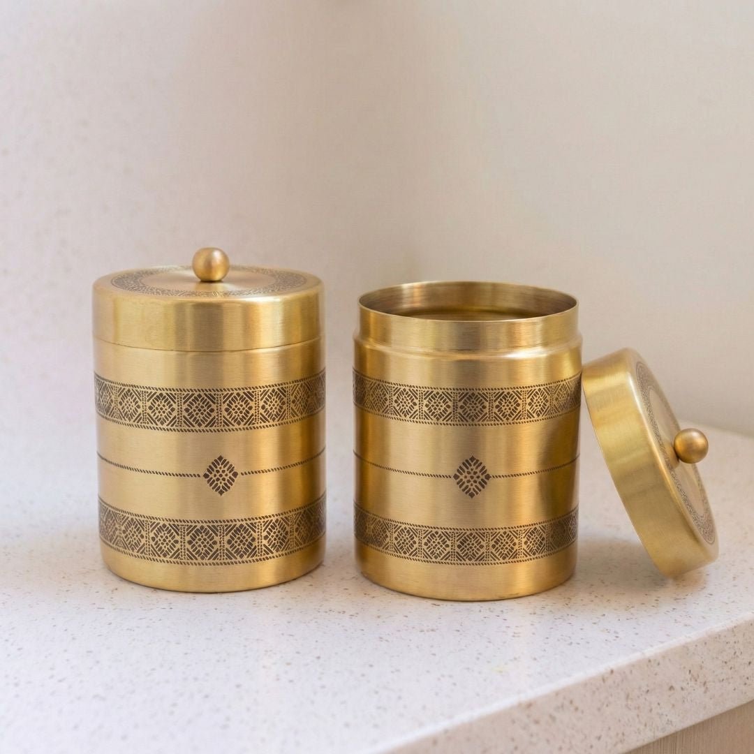 Kanjeevaram design theme Handcrafted pure brass storage jar with traditional etching, ideal for kitchen storage, adding timeless Indian elegance.