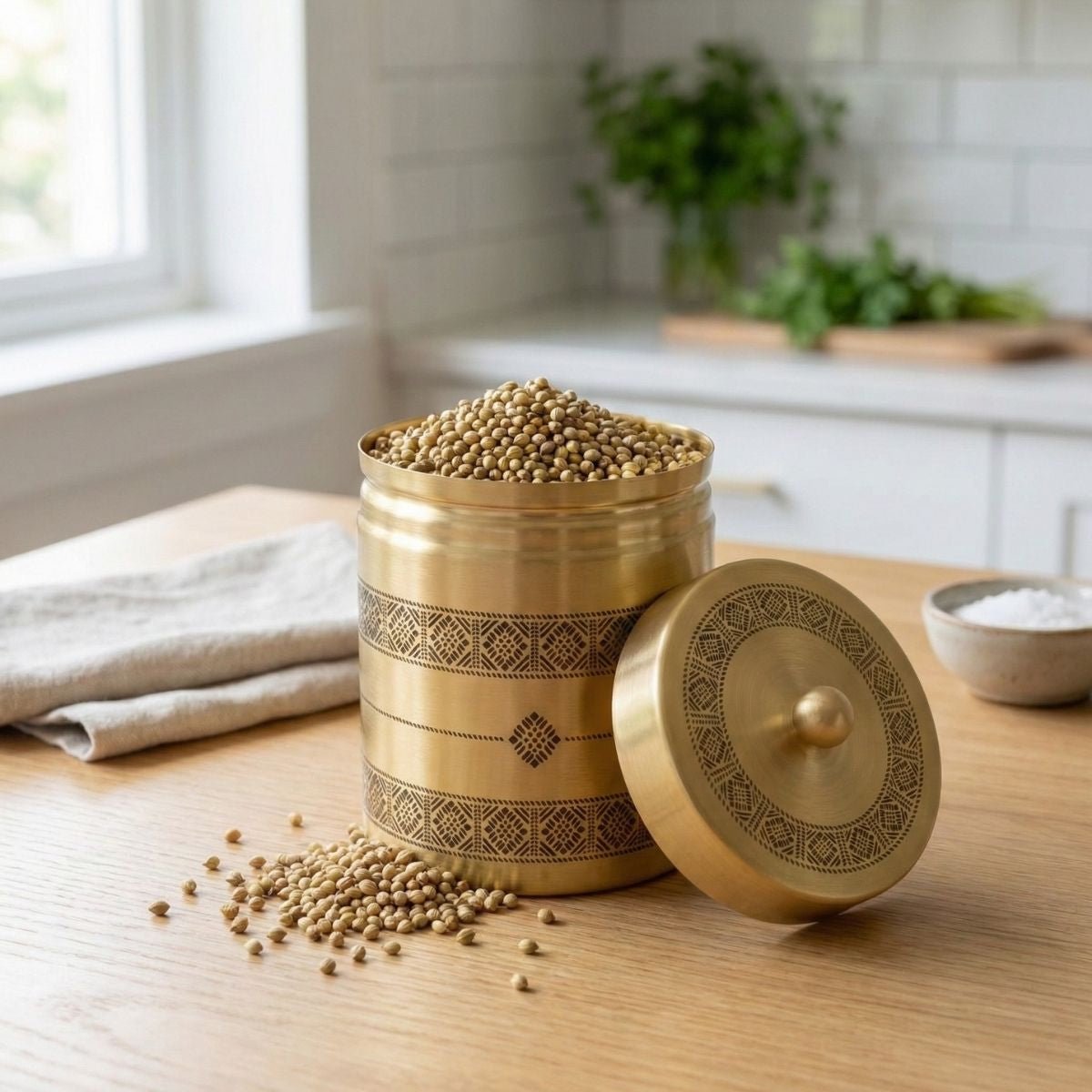 Kanjeevaram design theme Handcrafted pure brass storage jar with traditional etching, ideal for kitchen storage, adding timeless Indian elegance.