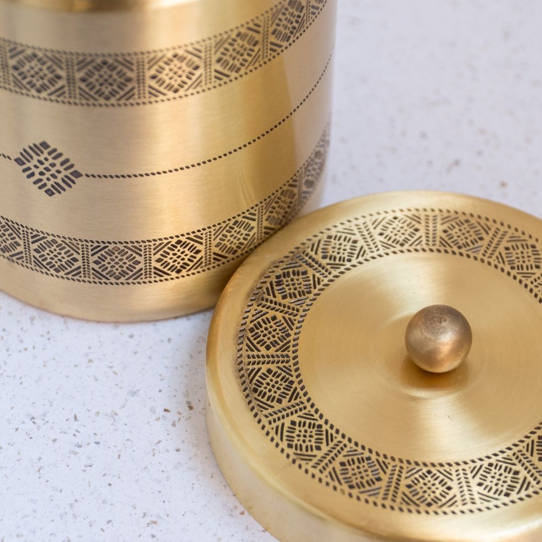 Kanjeevaram design theme Handcrafted pure brass storage jar with traditional etching, ideal for kitchen storage, adding timeless Indian elegance.