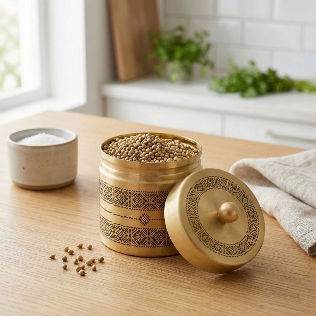 Kanjeevaram design theme Handcrafted pure brass storage jar with traditional etching, ideal for kitchen storage, adding timeless Indian elegance.