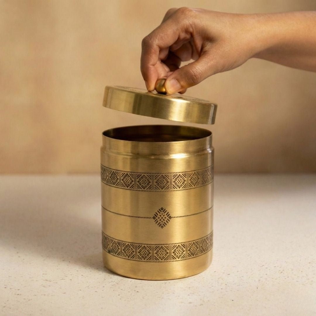 Kitchen Jar for Tea, Sugar or other storage made with Pure Brass in a Kanjeevaram design theme