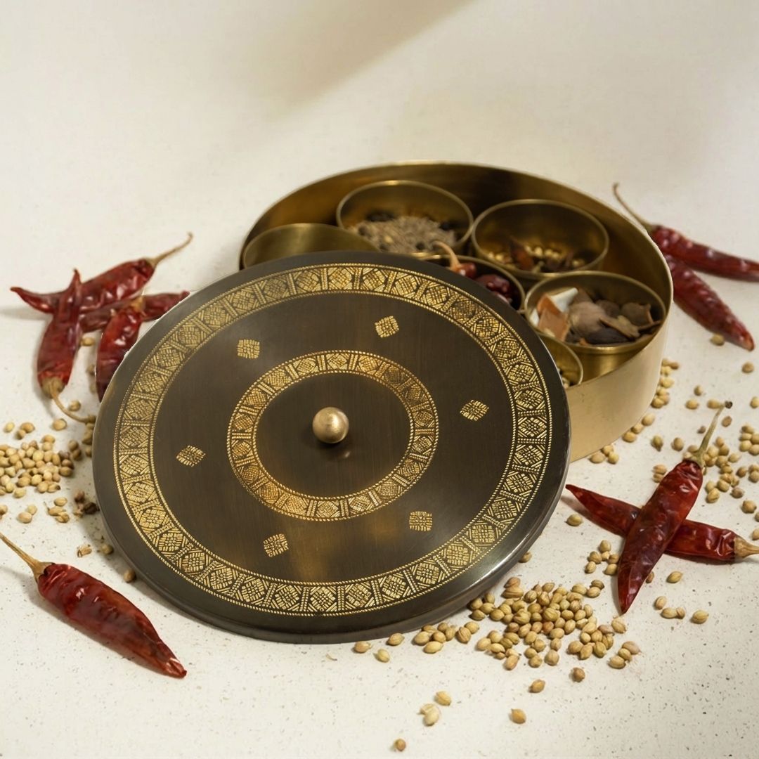 Kitchen masala box or spice box made with Pure Brass in an Antique Kanjeevaram Design Theme.