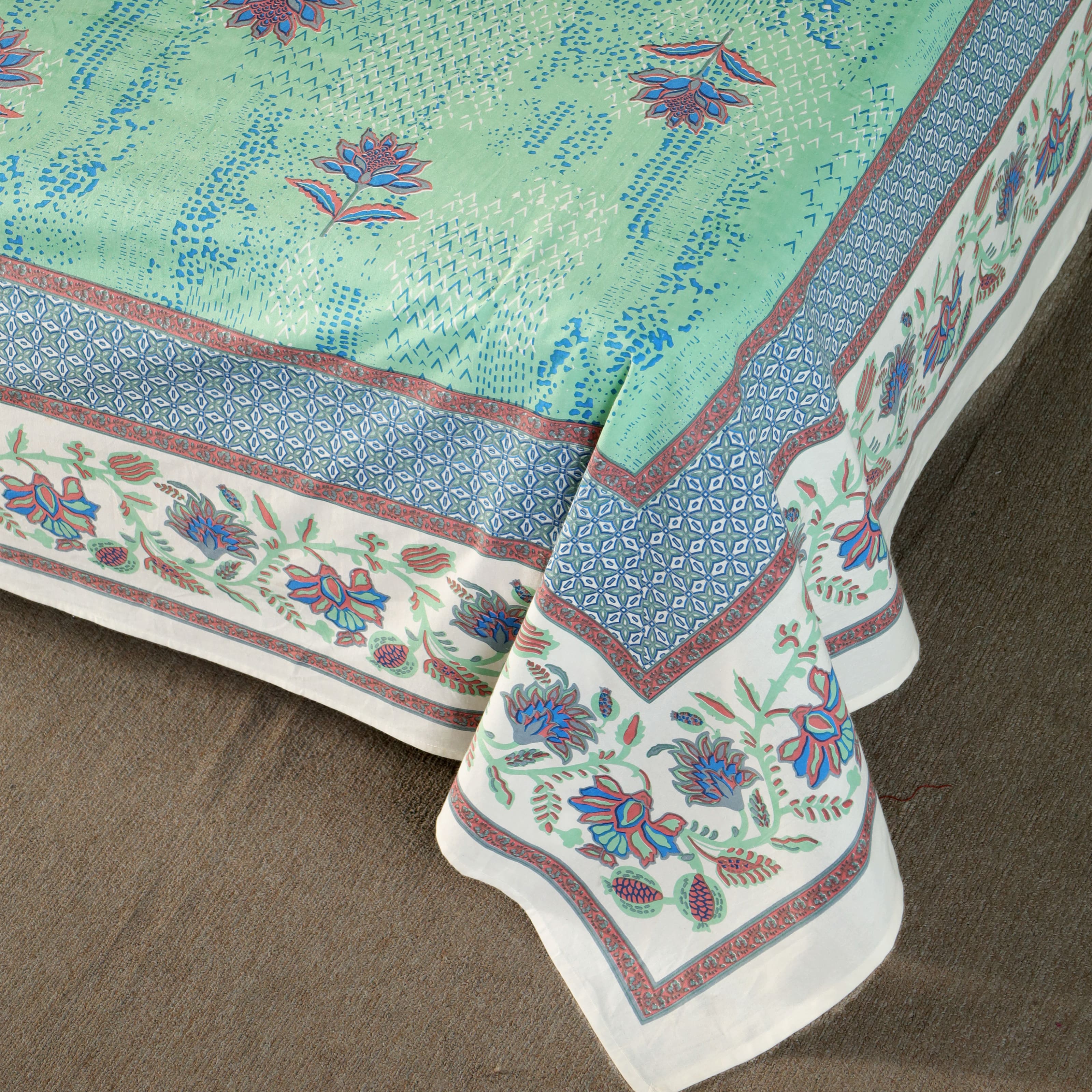 Queen Size Bed Cover of Pure Cotton Aqua Green Navy and Peach