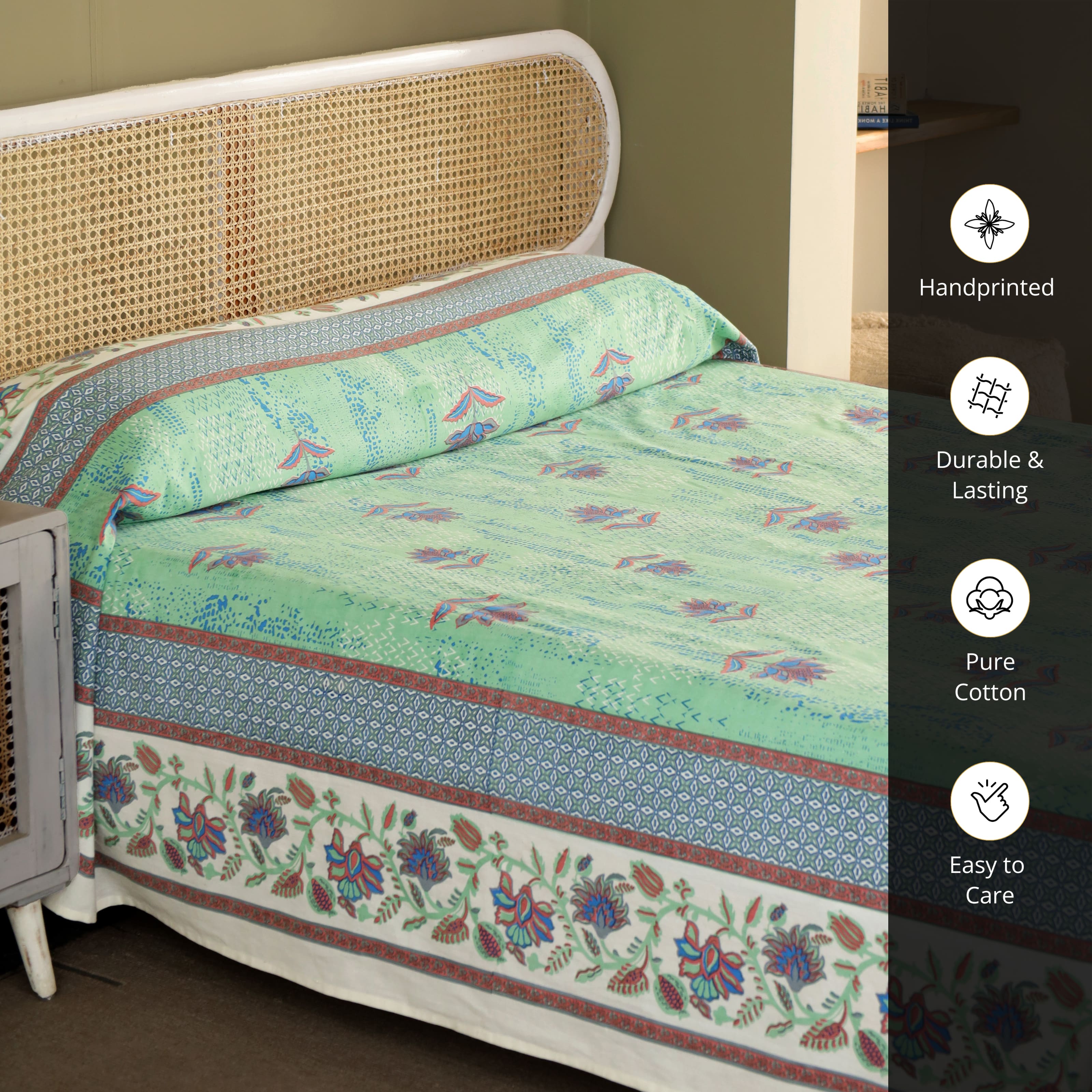 Queen Size Bed Cover of Pure Cotton Aqua Green Navy and Peach