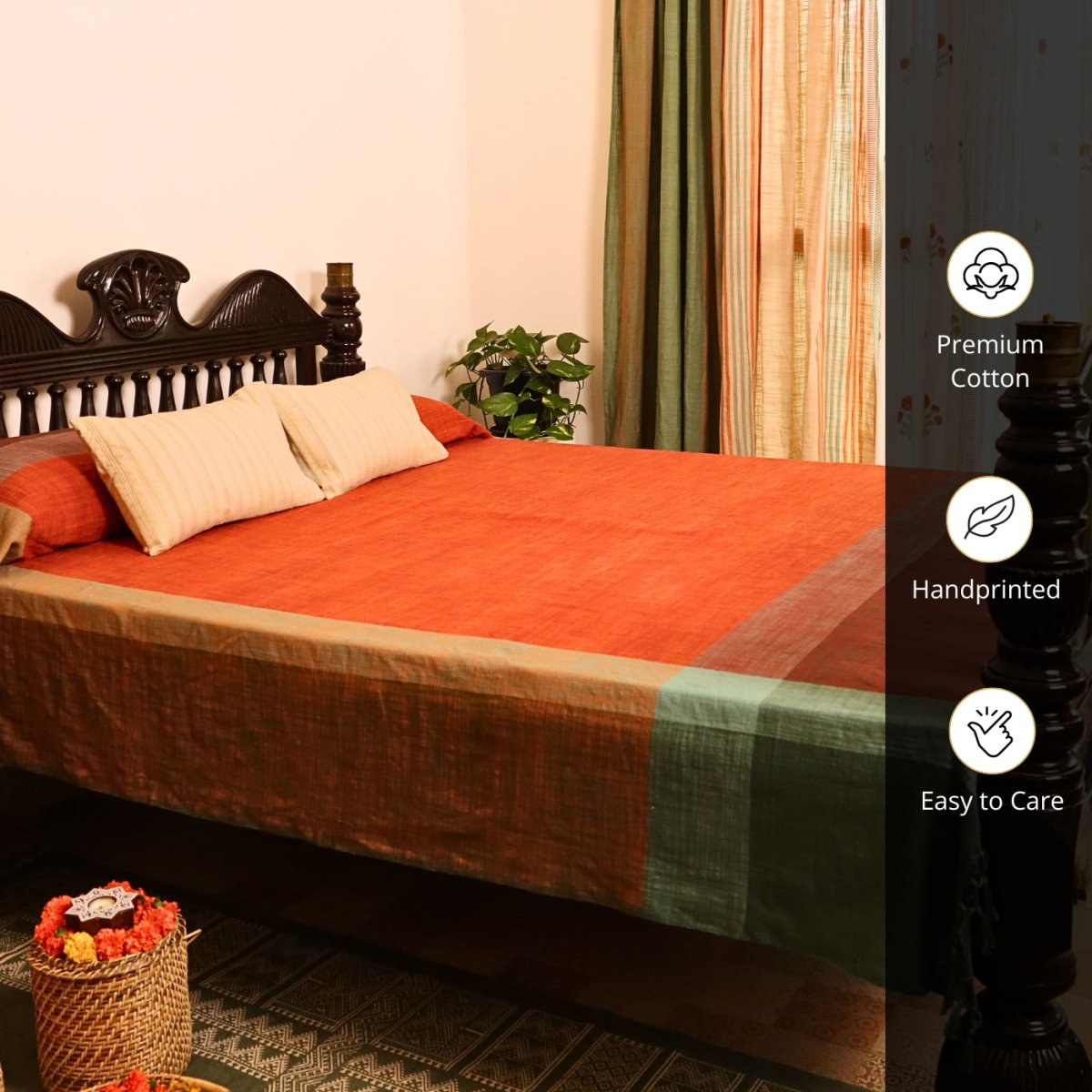 Marigold Rust Pure Cotton Bedcover | Single and Queen | Handprinted