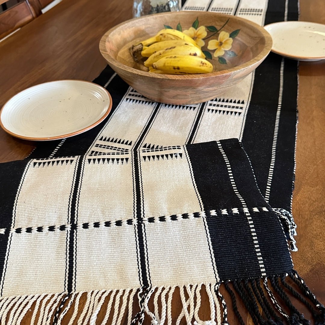 Monochrome Handwoven Striped Cotton Table Runner | 6 Seater