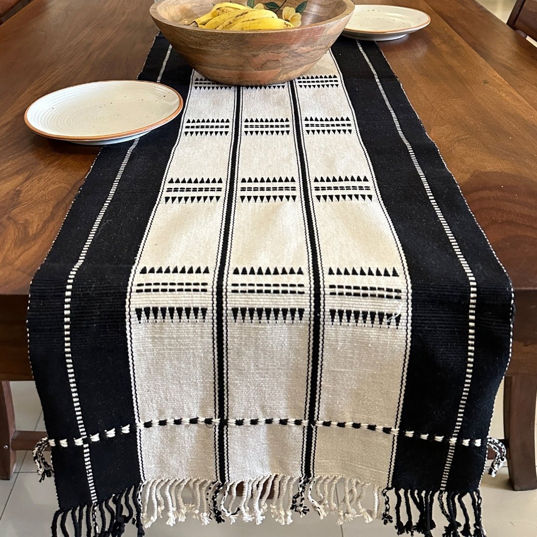 Monochrome Handwoven Striped Cotton Table Runner | 6 Seater