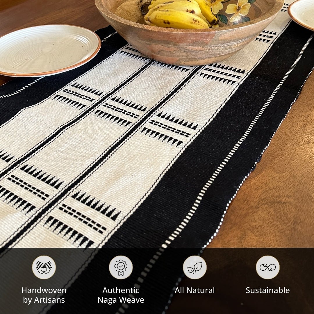 Monochrome Table Runner With Black And White Stripes Eco Friendly Sustainable Handwoven Tableware Handmade In India