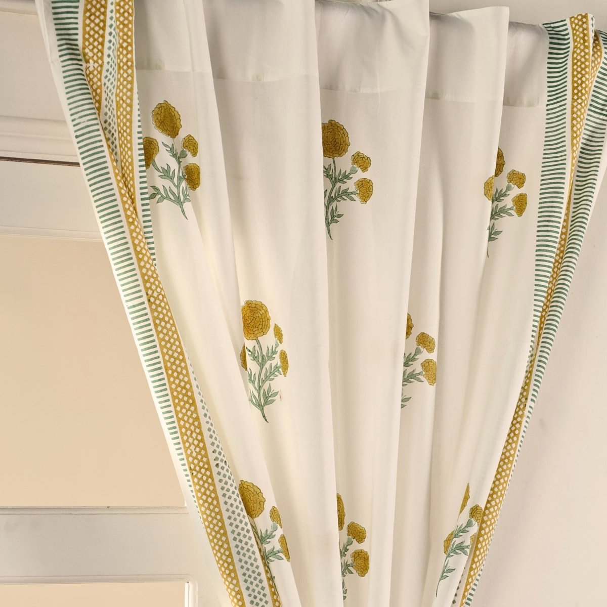 Pure Cotton Sheer Curtains in floral patterns in mustard and teal colours, available in 5ft and 7ft