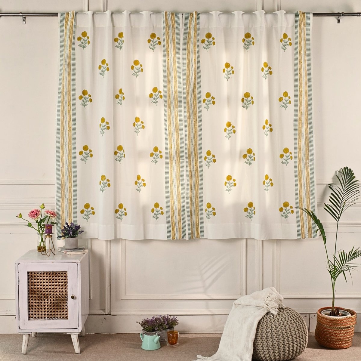 Pure Cotton Sheer Curtains in floral patterns in mustard and teal colours, available in 5ft and 7ft