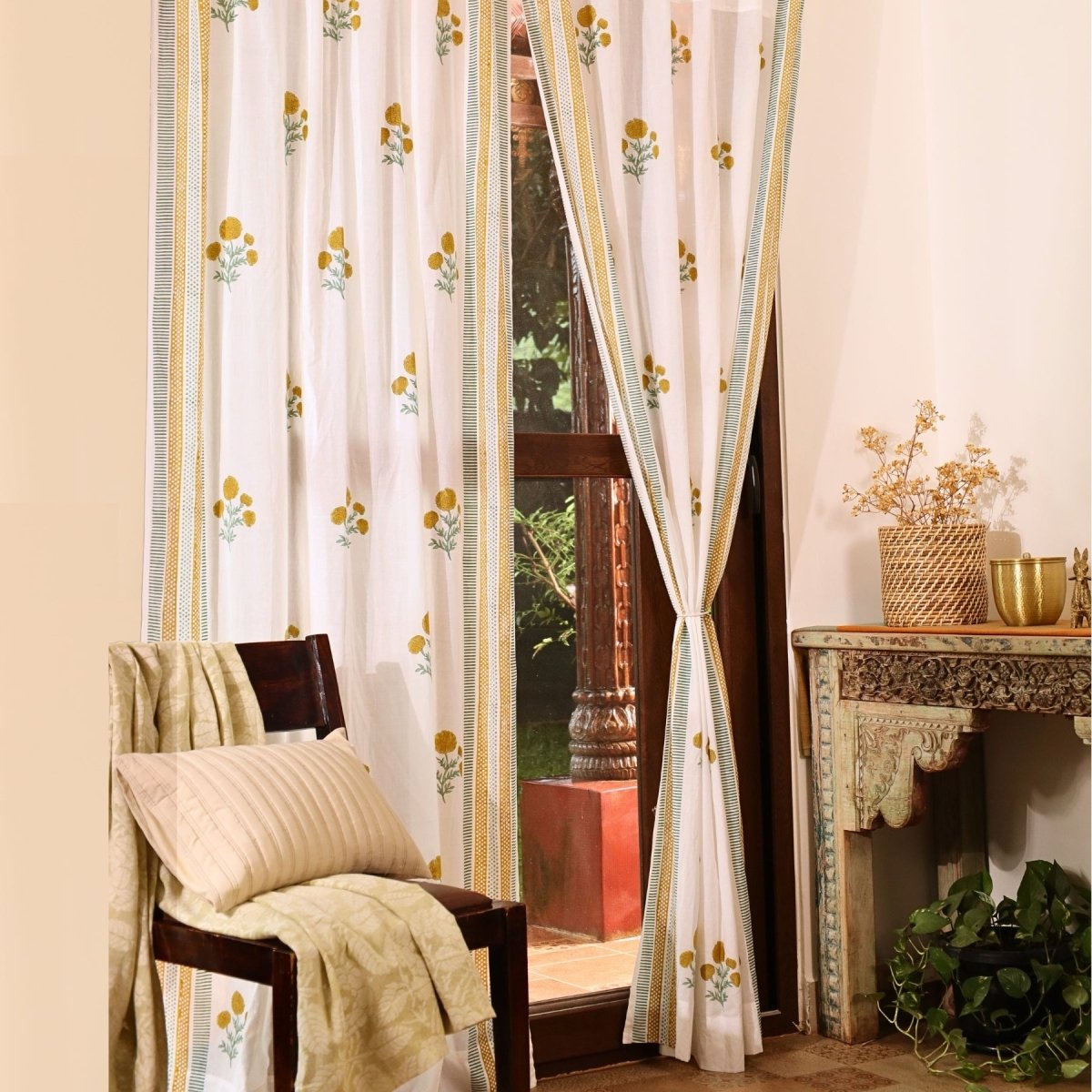 Pure Cotton Sheer Curtains in floral patterns in mustard and teal colours, available in 5ft and 7ft